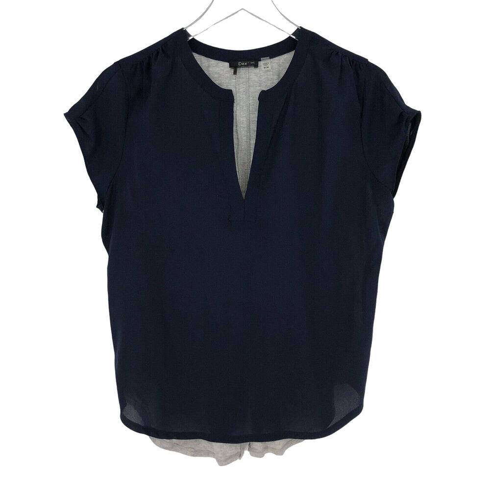Dex Womens Medium Navy & Gray Short Sleeve Mixed Media Split Hem Top